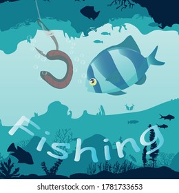 Fishing on the worm. Underwater world, lots of fish corals and reefs. Vector illustration