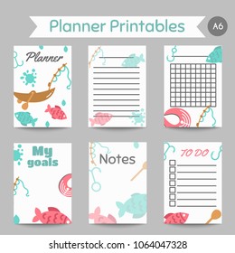 Fishing organizer Flat fish planner, with net or rod. Salmon steak and boat, fisher tackles, baits To do list and notes Vector