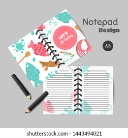Fishing organizer Flat fish planner, with net or rod. Salmon steak and boat, fisher tackles, baits To do list and notes Vector