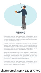 Fishing outdoor activity brochure with fisher and text sample. Rodman in profile with tackle or spinning hilding perch or bass fish catch or take.