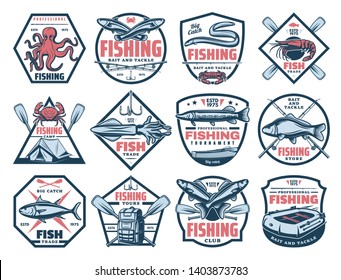 Fishing outdoor adventure icons, tuna, trout and eel big fish catch tournament. Vector fisherman store signs, seafood octopus, squid and crab, paddle boat and rod hook, bait lures for pike and carp