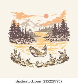 fishing outdoor mountain handdrawn vector illustration