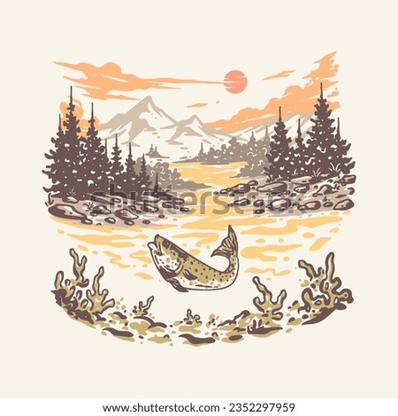 fishing outdoor mountain handdrawn vector illustration