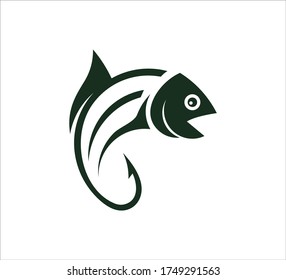 fishing outdoor sport, fish and hook vector icon logo design template
