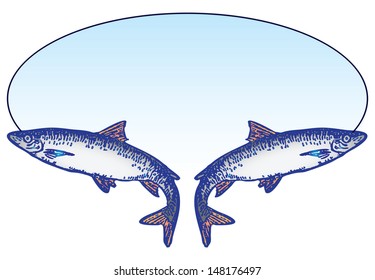 Fishing oval emblem with two fish. Vector illustration.