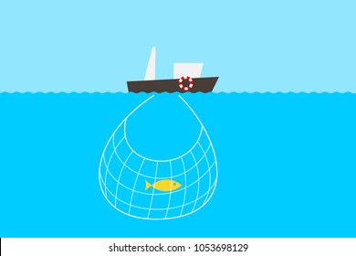 Fishing and overfishing problem - lack of fishes in the sea an ocean. Fisherman's boat and shortage and deficiency of marine animal in the net. Vector illustration