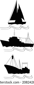 Fishing, passenger ship, sailing boat vector silhouette illustration