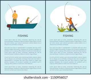 Fishing passtime hobby or time spending poster with text sample, Fishery flyer with fishman and rod in motorboat and guy throwing tackle with bait.