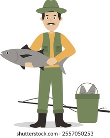 Fishing People Character with Equipment. Vector Illustration in Cartoon Style.