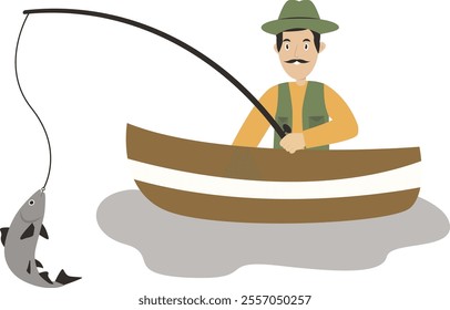 Fishing People Character with Equipment. Vector Illustration in Cartoon Style.