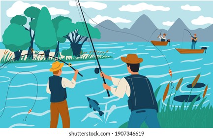 Fishing. People fish with rods from shore or on boat. Cartoon scene with happy fishermen on lake. Outdoor recreational activity and holiday leisure. Males hobby. Vector summer vacation illustration