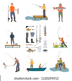 Fishing people and items related to men hobby. Posters set with rod, landing net and rubbers high waders. Fishers on floating boat vector illustration