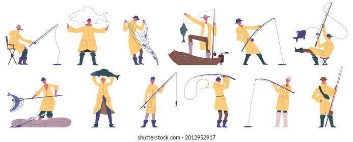 Fishing people. Outdoor fishing sport, hobby recreation, boat or shore fishing fisherman characters vector illustration set. Cartoon fishing fishermen mascots. Man holding rod and net, sitting in boat