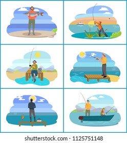 Fishing people surrounded by nature and seascapes. Images set man wearing special uniform and hats. Males floating on blue boat vector illustration