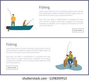 Fishing people in wooden boat floating on river catching limbless animals. Man with rod sitting on dock pier of wood by lake, vector illustration