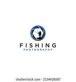 Fishing photography logo design featuring silhouetted anglers within a camera lens aperture