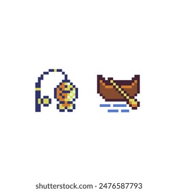 Fishing pixel art style icons set, emoji, fishing rod and fish, boat, 8-bit sprite. Design for logo game, sticker, web, mobile app, badges and patches. Isolated vector illustration. Game assets.