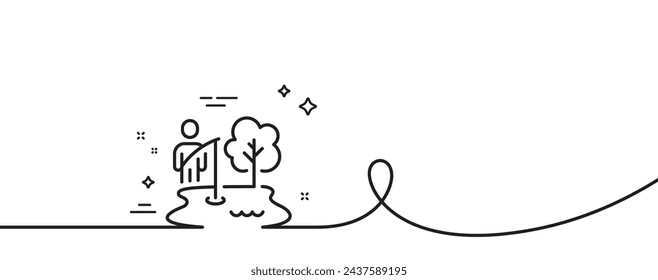 Icono de línea de lugar de pesca. Una línea continua con rizo. Pescador con señal de caña. Lago con símbolo de árbol. Lugar de pesca de un solo contorno de cinta. Patrón de curva de bucle. Vector