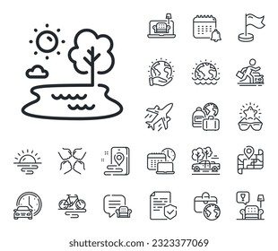 Zeichen für den Fangort. Rahmensymbole für Flugzeuge, Reisepläne und Gepäckstücke. Symbol für die Seenleitung. Teich mit Baumsymbol. Seelinienzeichen. Autovermietung, Taxi-Transportsymbol. Ort platzieren. Vektorgrafik