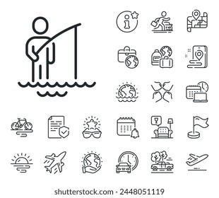 Fishing place sign. Plane jet, travel map and baggage claim outline icons. Fisherman line icon. Fisher with rod symbol. Fisherman line sign. Car rental, taxi transport icon. Place location. Vector