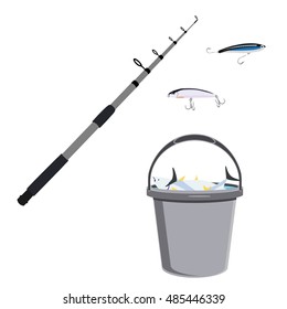 Fishing pole, bait and bucket full of fresh fish isolated on white background. Fishing equipment. Fisherman catch