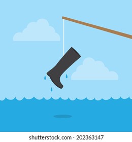 Fishing pole with boot above water 