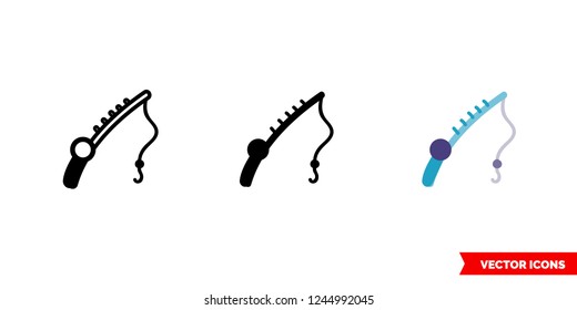 Fishing pole icon of 3 types: color, black and white, outline. Isolated vector sign symbol.