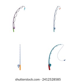 Fishing pole icons set cartoon vector. Equipment for fishing. Fisherman tool, pastime, hobby