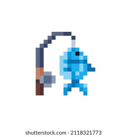 Fishing Pole. Fishing rod with blue fish logo pixel art style icon element design app, web, sticker. Isolated abstract vector illustration. Video game sprite. 