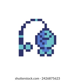 Fishing Pole. Fishing rod with blue fish logo pixel art style icon element design app, web, sticker. Isolated abstract vector illustration. Video game sprite. 