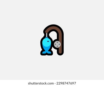 Fishing Pole vector icon. Fish hunting. Emoji illustration. Isolated fishing hook with fish vector emoticon