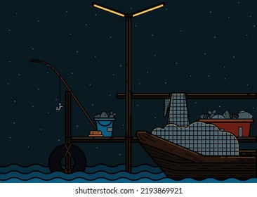 
Fishing port and fisherman boat illustration, flat design