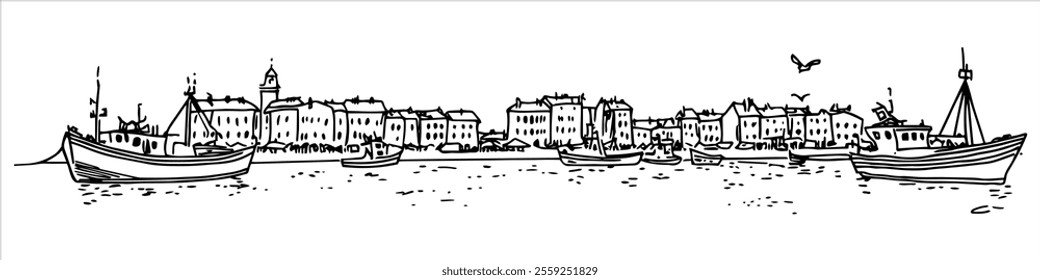 fishing port in Gdynia city ​​panorama hand drawing doodle hatching vector sketch