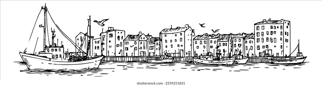 fishing port in Gdynia city ​​panorama hand drawing doodle hatching vector sketch