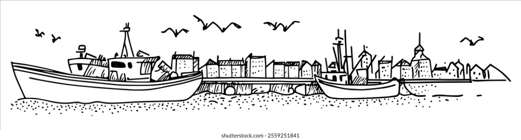 fishing port in Gdynia city ​​panorama hand drawing doodle hatching vector sketch