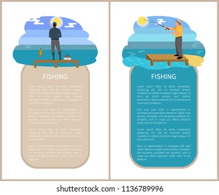 Fishing poster activities posters set with headlines and text sample. People with rods and tackle boxes catching fish. Fisherman vector illustration