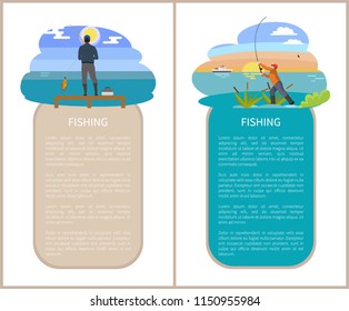 Fishing poster with framed text sample and people. Vector man on pier near river holding fish and fisherman near lake throwing tackle for angling.