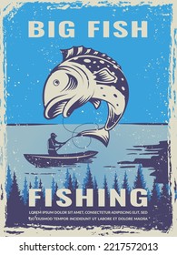 Fishing poster. outdoor exploring and relax time on river fishing time. vector retro placard