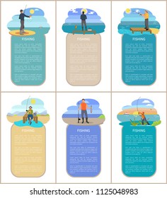 Fishing posters with headlines, text samples. People wearing waders protective hat and special clothes. Men catching fish hobby vector illustration