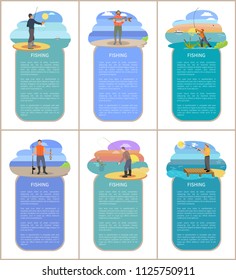 Fishing posters with headlines, text samples. People wearing waders protective hat and special clothes. Men catching fish hobby vector illustration