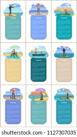 Fishing posters with headlines, text samples. People wearing waders protective hat and special clothes. Men catching fish hobby vector illustration