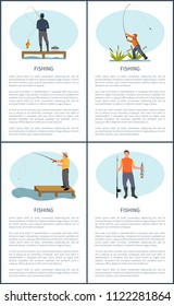 Fishing posters men set. People catching fish banners. Male sitting on wooden construction by river or lake with rod, fishery hobby vector illustration