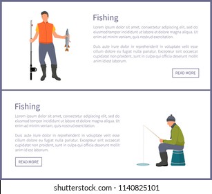 Fishing posters set and headlines. Men with rods catching fish animal dwelling in river or lake. Peoples hobbies and activities vector illustration