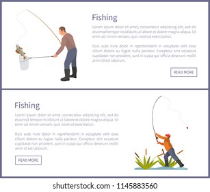 Fishing posters set males coping with fish catching. Rod and landing net on long pole. Seaweed plants and fisherman isolated on vector illustration