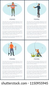 Fishing posters set sport and hobby of men. Fishery rods and seaweed. Fisherman person catching hunting fish males showing caught water animal vector