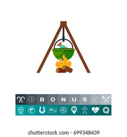 Fishing pot over campfire vector icon