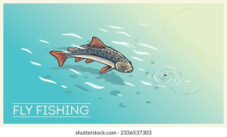 Fishing, presumably trout, on fly fishing tackle, illustration on the topic of fishing, in vector format.