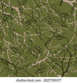 
Impresión de la pesca sobre un fondo verde con ramas de árbol. Patrón vectorial. Ropa de impresión forestal. Ocio.