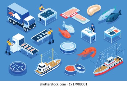 Fishing production color set of delivery transport fresh and salt fish products canned red caviar shrimps on blue background  isometric vector illustration