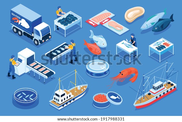 Fishing production color set of\
delivery transport fresh and salt fish products canned red caviar\
shrimps on blue background  isometric vector\
illustration